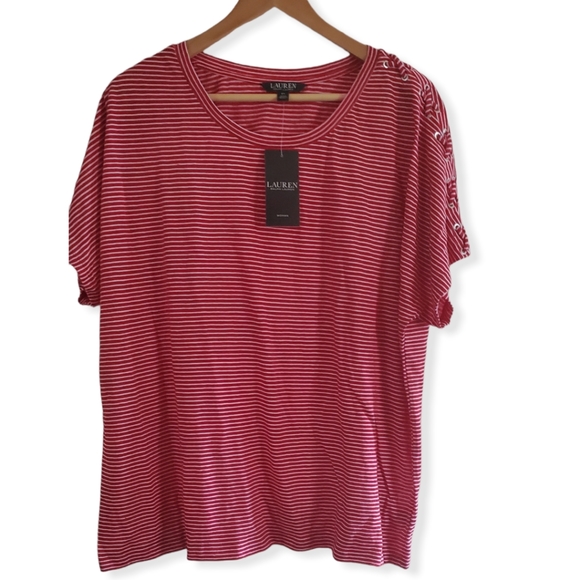 Ralph Lauren Tops - NWT LAUREN RALPH -Womens Plus Linen Stripped Pullover T-Shirt Red & White 2X